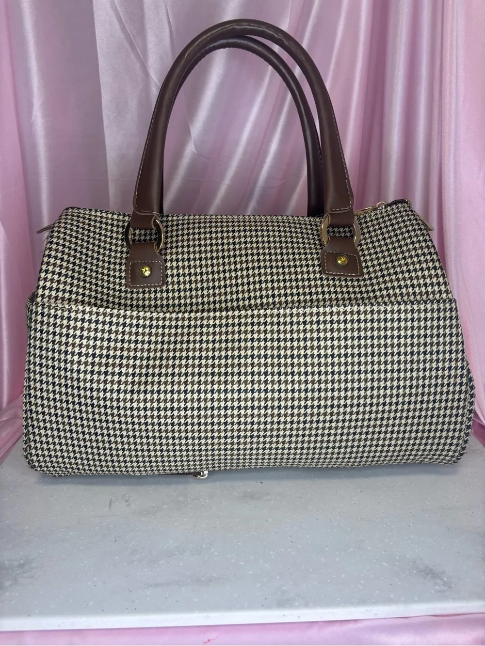 London Fog Brown Houndstooth Top-Handle Satchel